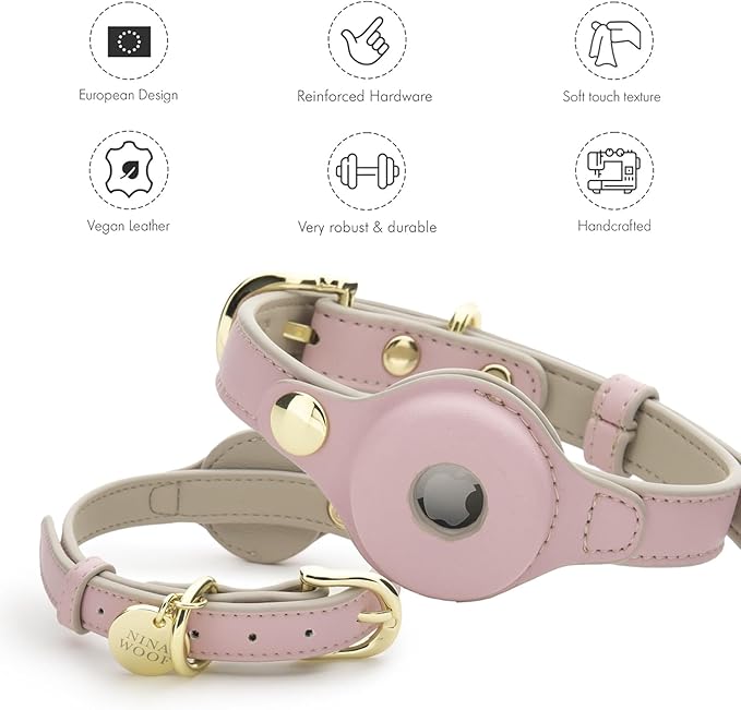 Cupertino Dog Collars, Harnesses & Leashes Made from Vegan Leather with Dog Tracker Device Holder Adjustable Dog Collar (Medium, Pink)-PawvioPets