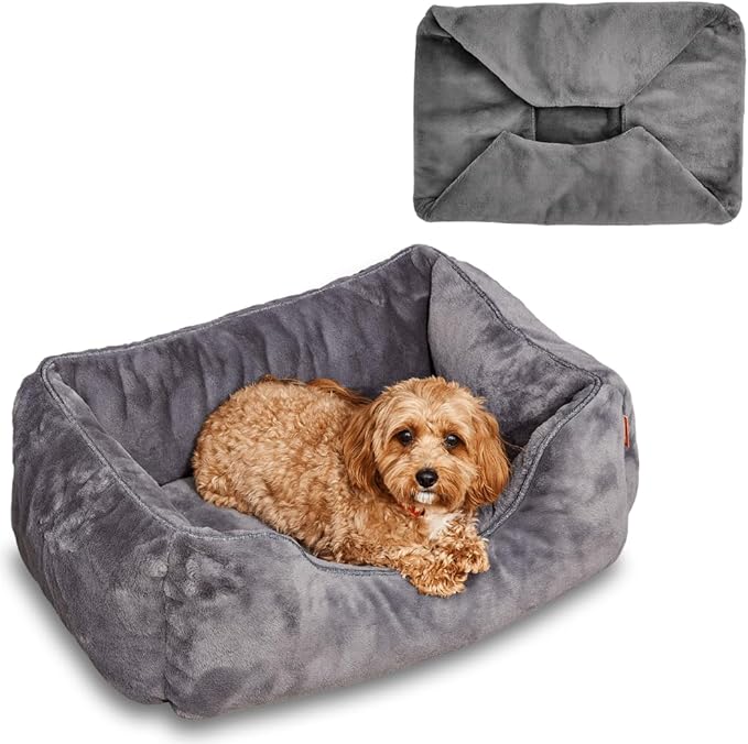 FUZI Luxury Aesthetic Dog Bed with Extra Cover for Small Dogs, Washable Pet Couch, Pet Bed with Sides, Non-Slip Bottom, Soft & Durable Calming Dog Bed, Faux Rabbit Fur, Small 25.1x16.75x9.5 Dark Grey-PawvioPets