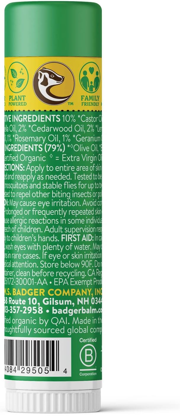 Badger Bug Repellent, Easy to Use Travel Stick, DEET-Free Mosquito Repellent & Insect Protection, Certified Organic Essential Oil Balm-PawvioPets