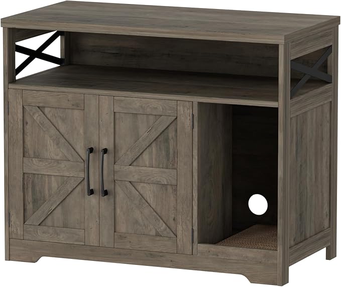Cat Litter Box Enclosure, Hidden Litter Box Furniture with Scratch Pad, Farmhouse Indoor Cat House Washroom End Table, Grey-PawvioPets