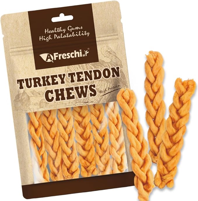 Afreschi Turkey Tendon Braided Stick 3.5 oz, Dog Treats for Classic Series, All Natural Human Grade Dog Treat, Suitable for Training chew, USA-Sourced Turkey Tendon, Rawhide Alternative-PawvioPets