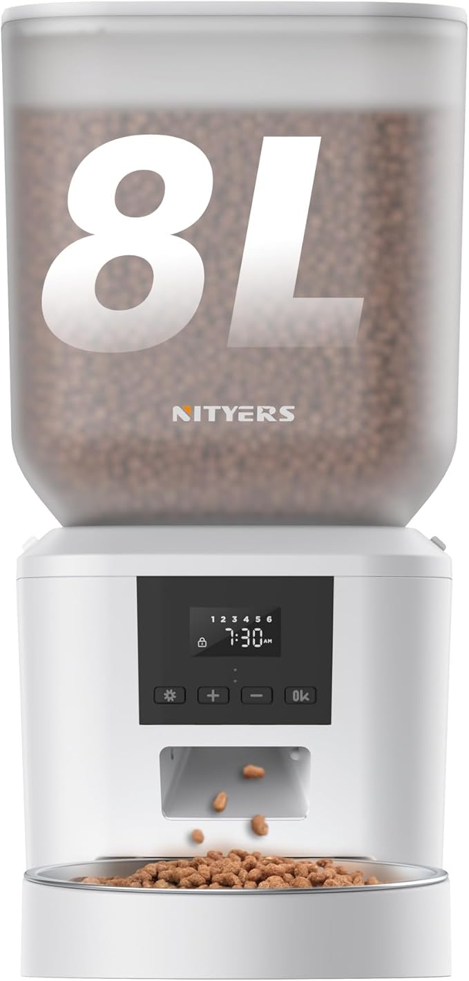 Automatic Dog Feeder - 8L/34 Cups Large Capacity Automatic Cat Food Dispenser with LCD Screen, Large Food Tray, Battery Operated, Timed Cat Feeder, Up to 50 Portions 6 Meals Per Day, Keeps Fresh-PawvioPets