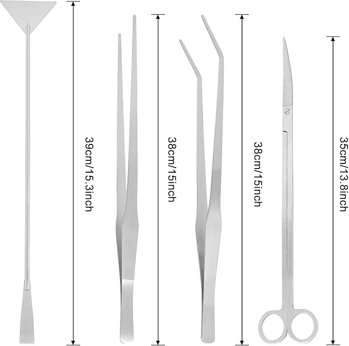 15Inch Extra Long Design Aquarium Aquascaping Tool Stainless Steel Aquascape Tools Kit 4 in 1 Anti-Rust Fish Tank Starter Kit with Long Tweezers Scissors Spatula for Aquarium Plants (Silver)-PawvioPets