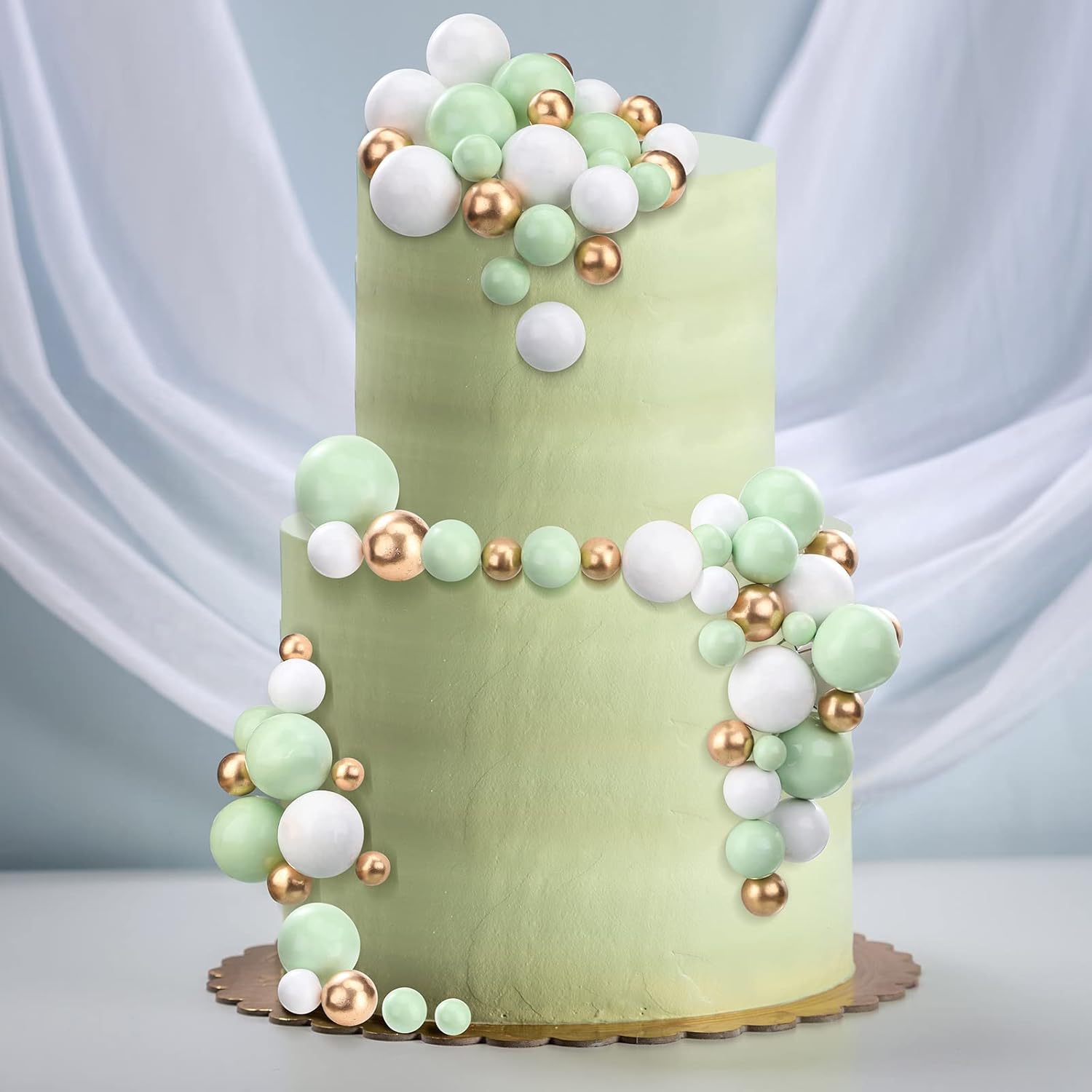 108 Pcs Balls Cake Topper DIY Cupcake Insert Foam Balloons for Cake Baking Wedding Anniversary Birthday Decoration(White, Green, Gold,Multi Sizes)