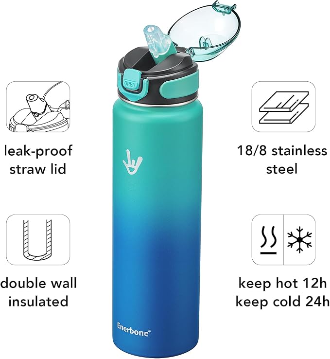 Enerbone 32 oz Insulated Water Bottle, Stainless Steel Bottle with Carrying Strap, Double-Wall Vacuum Insulation Design, Leakproof Sports Bottle with Straw, Keep Drinks Cold or Hot for Hours-PawvioPets
