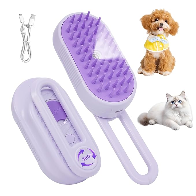 4-in-1 Rechargeable Anti-Dandruff Pet Steam Brush — brush for sheddingCats & Dogs,pet hair removal tool. Integrating functions of massage,clean, hair grooming and anti-static (purple)-PawvioPets