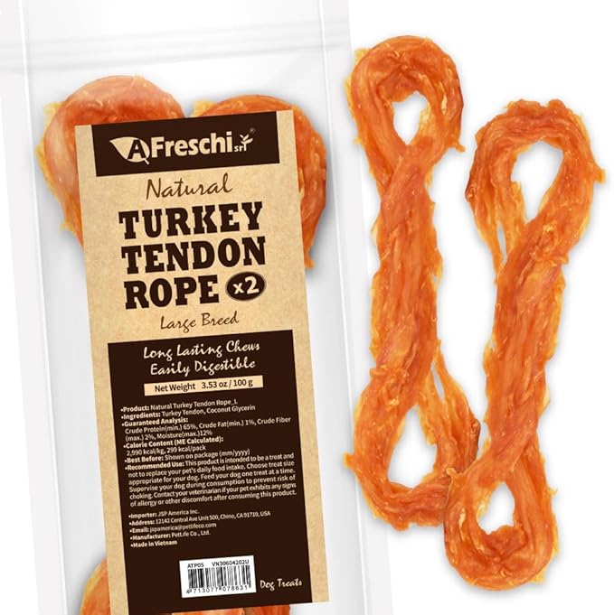 Afreschi Natural Turkey Tendon Rope (L) 3.53 oz, USA-Sourced Turkey Tendon, All Natural Human Grade Dog Chew, Hypoallergenic, Rawhide Alternative, Dog Treats for Large Breeds-PawvioPets