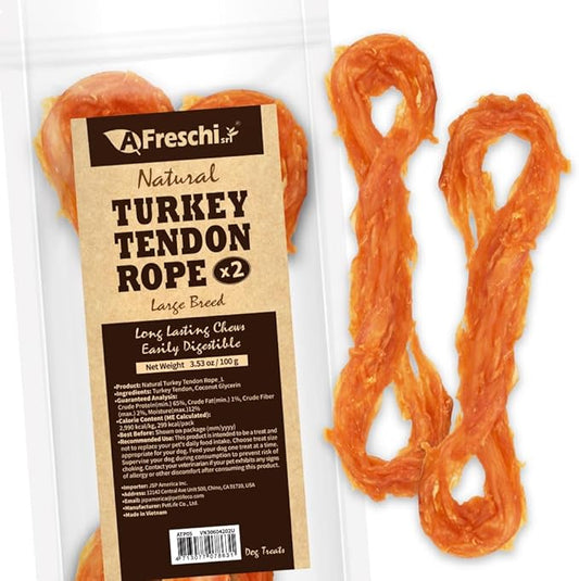 Afreschi Natural Turkey Tendon Rope (L) 3.53 oz, USA-Sourced Turkey Tendon, All Natural Human Grade Dog Chew, Hypoallergenic, Rawhide Alternative, Dog Treats for Large Breeds-PawvioPets