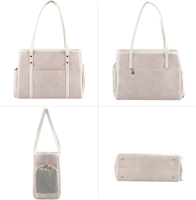 Fashion Dog Carrier Purse, Premium Leather Cat Carrier Bag, Airline Approved Soft Sided Pet Travel Tote Bag with Pockets Beige-PawvioPets