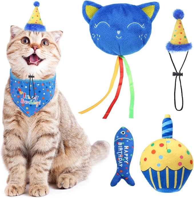 BINGPET Cat Birthday Catnip Toys for Indoor Cats,Cat Birthday Hat,Bandana and Cat Birthday Cake Interactive Plush Kitten Chew Toys,Cute Fish,Balloon Toys with Crinkle Paper and Catnip Inside(Blue)-PawvioPets