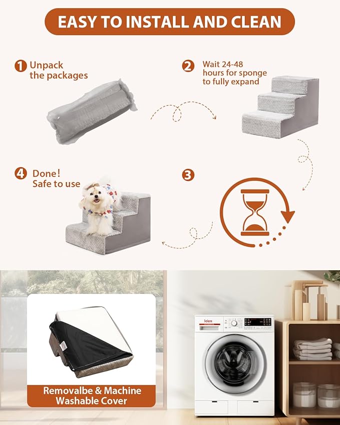 Dog Stairs for Small Dogs,13" H,3-Step Dog Steps for High Bed,Couch,Pet Stairs for Dogs and Cats Climbing with Non-Slip Bottom and Washable Cover,Light Grey-PawvioPets