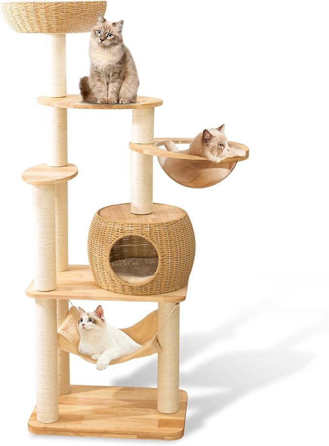 59" Big Modern Cat Tree Tower, Cat Tower Sisal-Covered Scratching Posts for Indoor Cats, Oak Wood Cat Tree for Large Cats, Multi-Level Cat Condo with Space Capsule Nest, Cat Furniture Activity Centre-PawvioPets