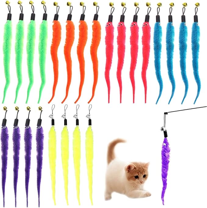 24 PCS Cat Worm Toy Refills Cat Wand Toy Replacement Interactive Wand Accessories Feather Worm Teaser Refills Attachment-PawvioPets