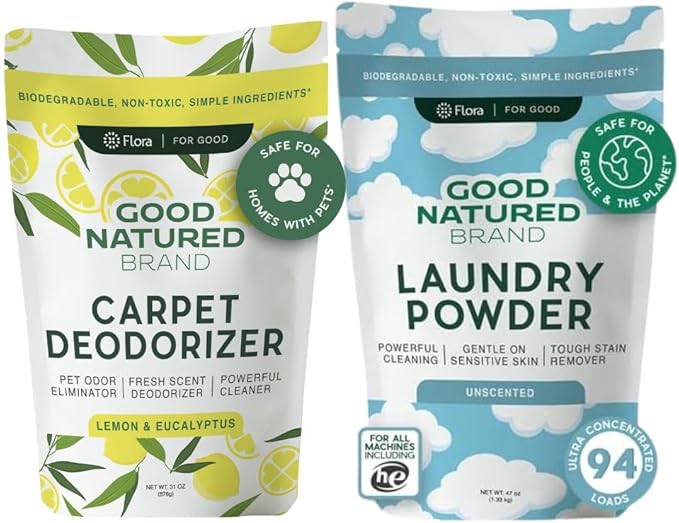 Good Natured Brand | Laundry Bundle | Carpet Freshener Lemon & Eucalyptus 31oz | Pet-Friendly Carpet Deodorizer | Laundry Powder Unscented 47oz | Hypoallergenic Laundry Powder 94 Loads-PawvioPets