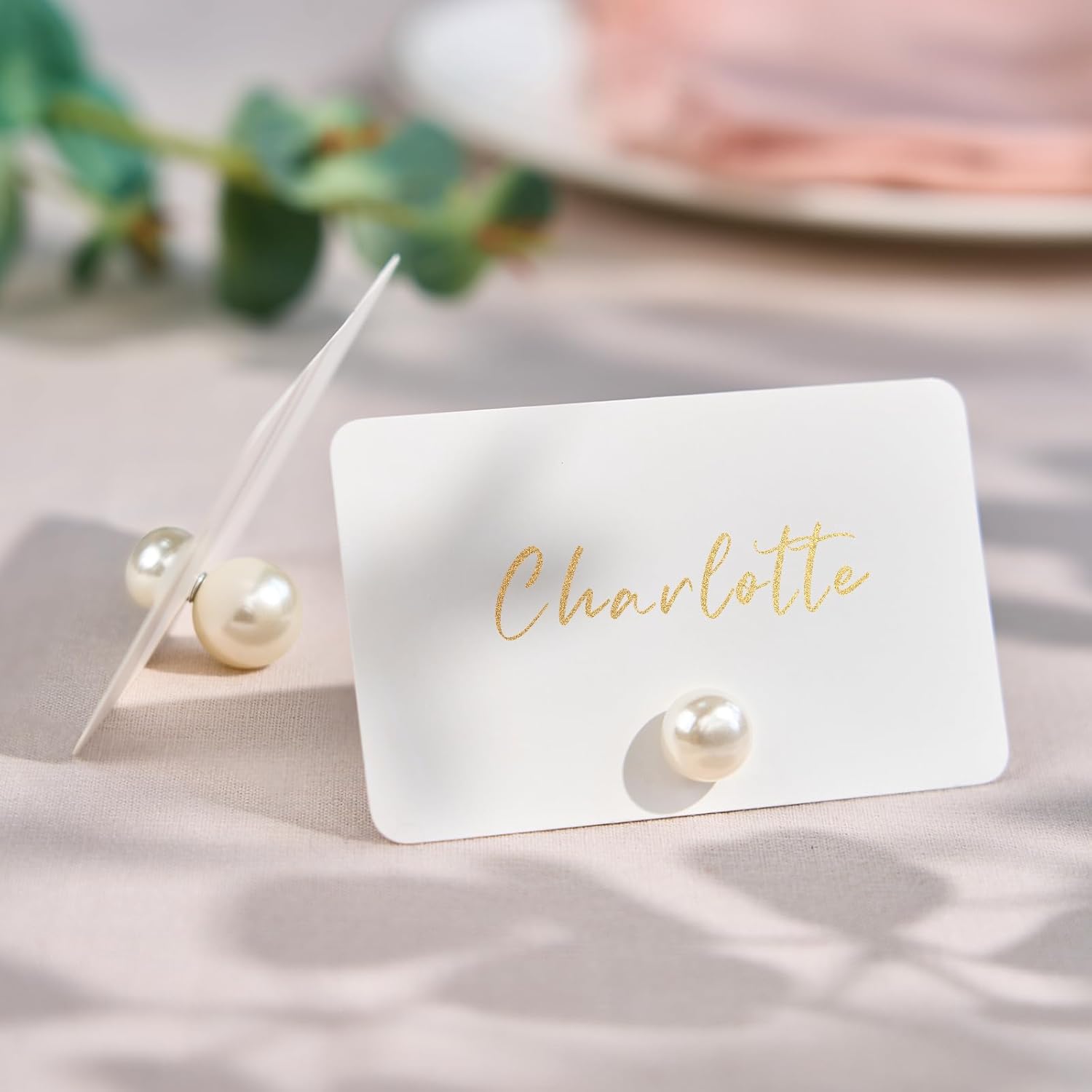 UNIQOOO 12Pcs Decorative Pearl Place Card Holders Bulk, Elegant Ivory Name Card Stands Set, for Wedding Table Place Cards, Dessert Table Decor, Retail Shop, Business Card, Name Tag, Party Food Signs