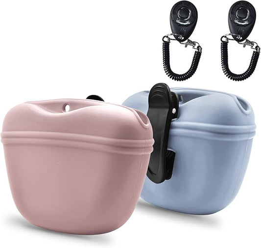 AUDWUD Silicone Dog Treat Pouch,With Dog Training Clicker,Clip on Portable Training Container,Convenient Magnetic Buckle Closing and Waist Clip-PawvioPets