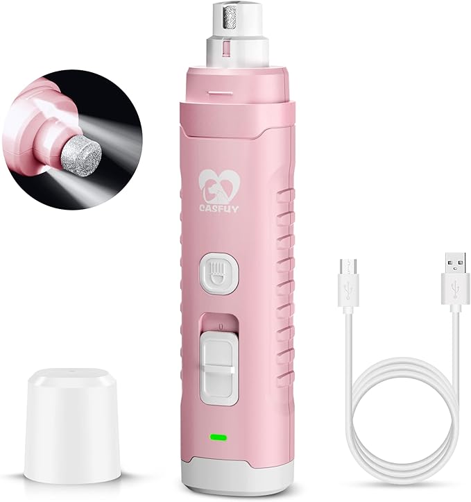 Casfuy Dog Nail Grinder with 2 LED Light for Large Medium Small Dogs - 3X More Powerful 2-Speed Electric Pet Nail Trimmer Rechargeable Quiet Painless Paws Grooming & Smoothing Tool-PawvioPets