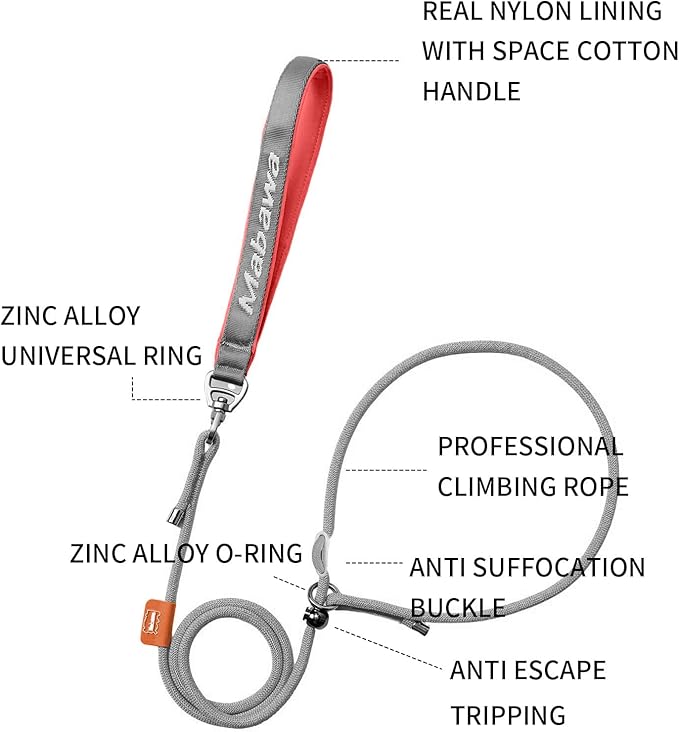 Dog Anti-Slip Leash 5FT with Metal Stopper - Durable No-Pull Training Lead for Small, Medium & Large Dogs - Comfortable Handle Nylon Rope, Tangle-Free Pet Walking Leash (Gray, 5.6FT)-PawvioPets