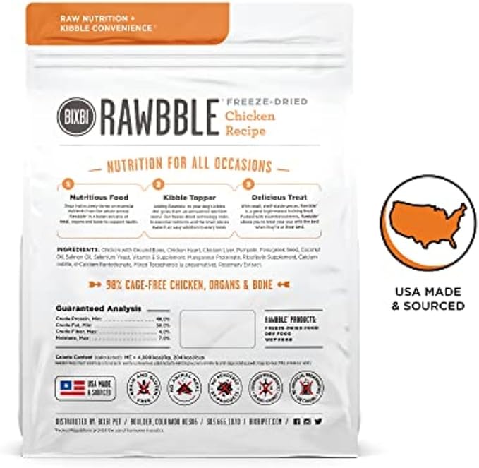 BIXBI Rawbble Freeze Dried Dog Food, Chicken Recipe, 26 oz - 98% Meat and Organs, No Fillers - Pantry-Friendly Raw Dog Food for Meal, Treat or Food Topper - USA Made in Small Batches-PawvioPets