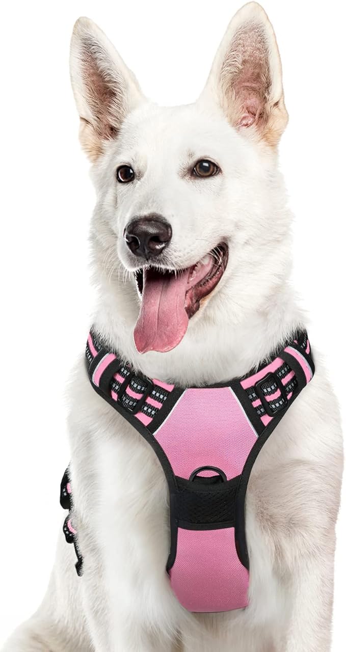 Eagloo Dog Harness Large Breed, No Pull Service Vest with Reflective Strips and Control Handle, Adjustable and Comfortable for Easy Walking, No Choke Pet Harness with 2 Metal Rings, Pink, XL-PawvioPets