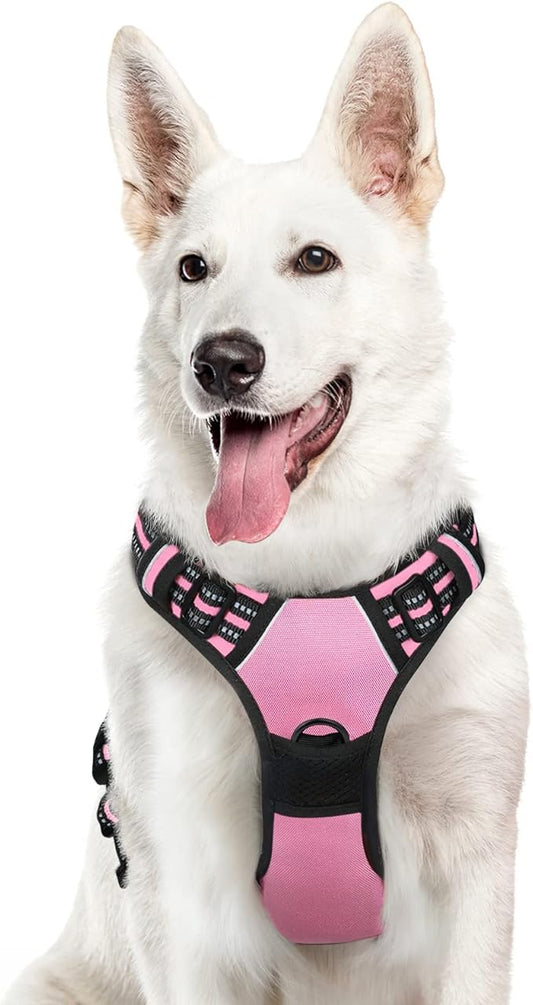 Eagloo Dog Harness Large Breed, No Pull Service Vest with Reflective Strips and Control Handle, Adjustable and Comfortable for Easy Walking, No Choke Pet Harness with 2 Metal Rings, Pink, XL-PawvioPets