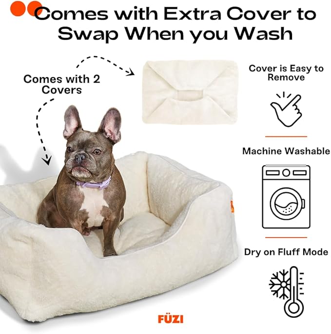 FUZI Luxury Aesthetic Dog Bed with Extra Cover for Small Dogs, Washable Pet Couch, Pet Bed with Sides, Non-Slip Bottom, Soft & Durable Calming Dog Bed, Faux Rabbit Fur, Small 25.1x16.75x9.5 Soft White-PawvioPets