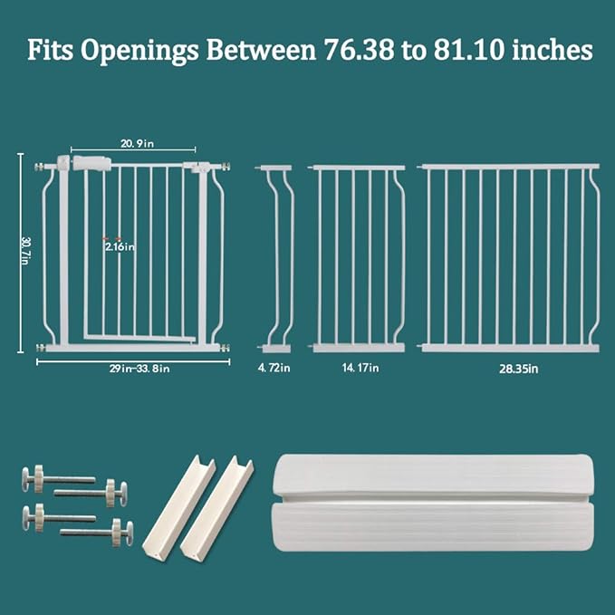 ALLAIBB Extra Wide Pressure Mounted Baby Gate Walk Through Child Kids Safety Toddler Tension White Long Large Pet Dog Gates with Extension for doorways Kitchen (76.38"-81.10"/194-206cm)-PawvioPets