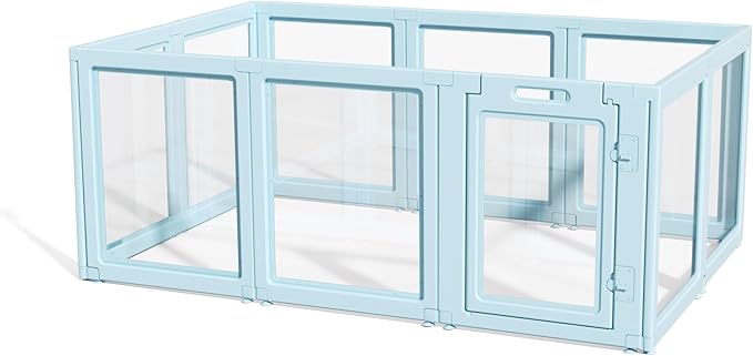DIY Clear Acrylic Dog Playpen House,Quick Easy Assembly and Disassembly,Strong Floor Suction,Indoor and Outdoor Use,Easy Cleansing Puppy Fence (Sky Blue, 30.3" H, 10PCS)-PawvioPets