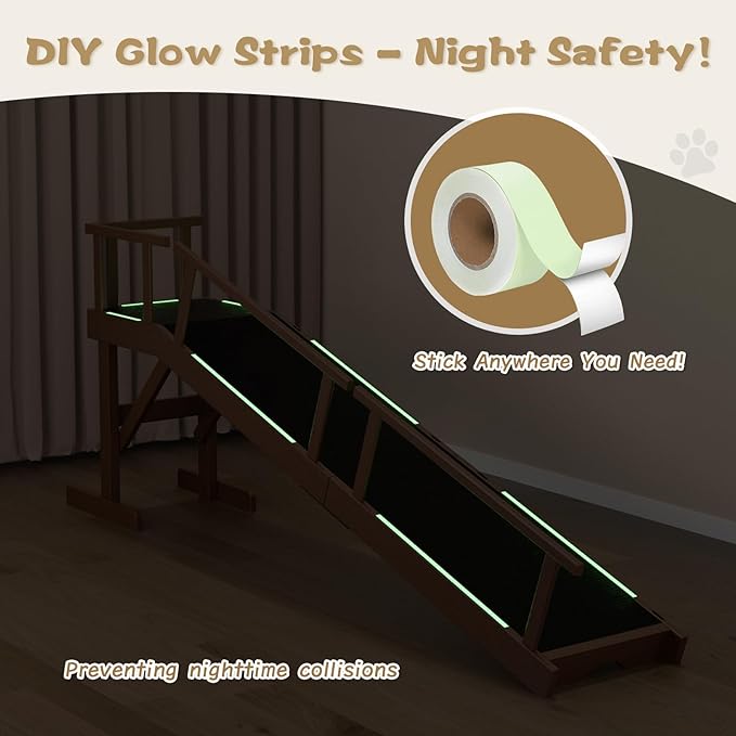 61" Dog Ramp for Bed, Pet Ramp with Removable Side Rail and Non-Slip Surface, Pet Ramp for Small & Large & Senior Dogs with Rest Platform and DIY Glow Strips,Dog Stairs for Couch, Brown-PawvioPets