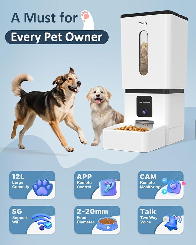 Automatic Dog Feeder Large Breed with Camera - 12L/50 Cups 5G WiFi App Control Dog Food Dispenser, Easy Setup, HD 1080P Video with Night Vision by Yakry-PawvioPets