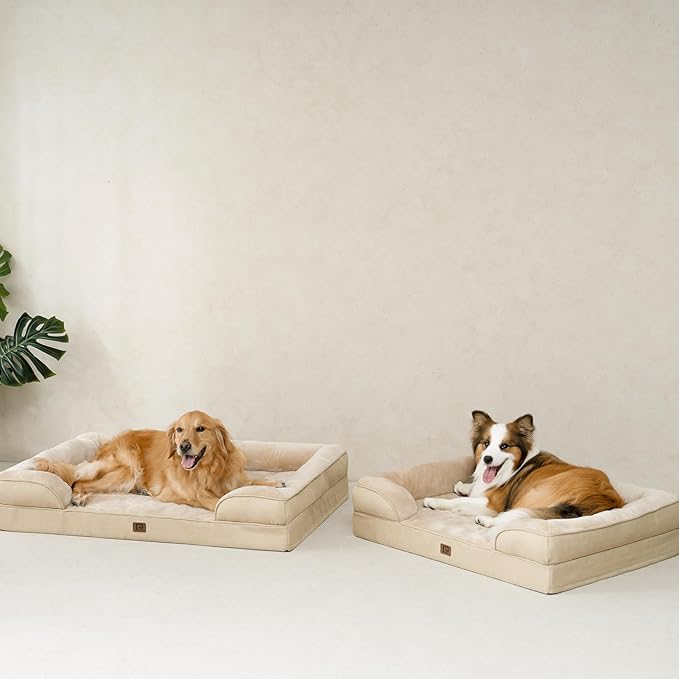 EHEYCIGA Orthopedic Dog Bed for Medium Dogs, Waterproof Memory Foam Medium Dog Beds with Sides, Non-Slip Bottom and Egg-Crate Foam Pet Couch Bed with Washable Removable Cover, Greige-PawvioPets