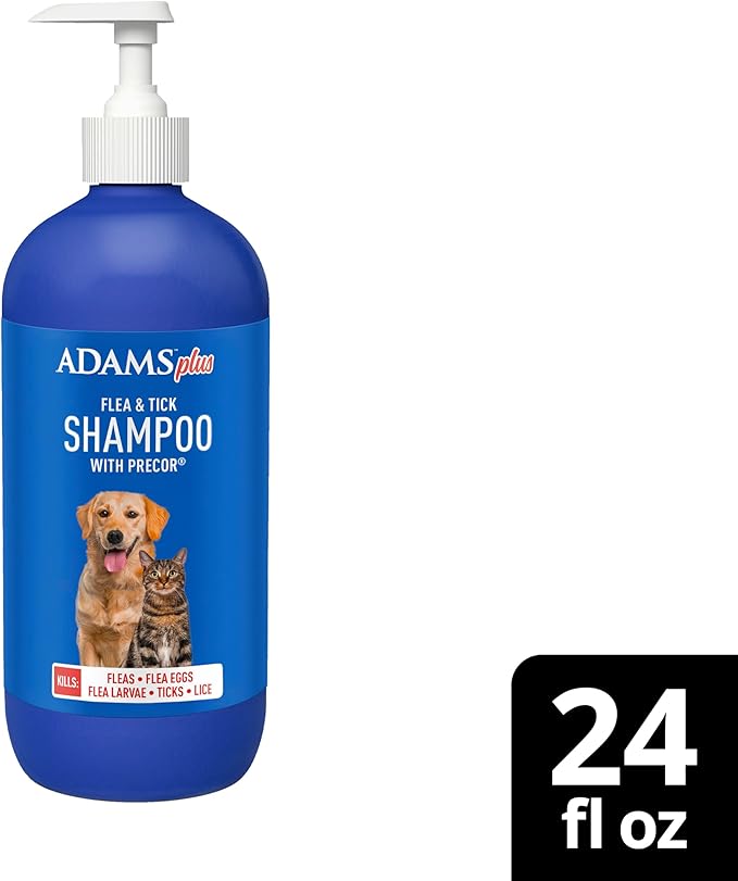 Adams Plus Flea & Tick Shampoo with Precor for Cats, Kittens, Dogs & Puppies Over 12 Weeks Of Age |Sensitive Skin Flea Treatment |Kills Adult Fleas, Flea Eggs, Ticks, and Lice |24 Oz, Pump Included-PawvioPets