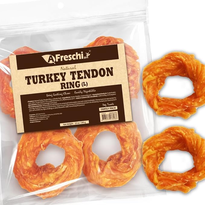 Afreschi Natural Turkey Tendon Ring (L) 10 oz, USA-Sourced Turkey Tendon, All Natural Puppy Chew, Hypoallergenic, Rawhide Alternative,for Large Breeds-PawvioPets