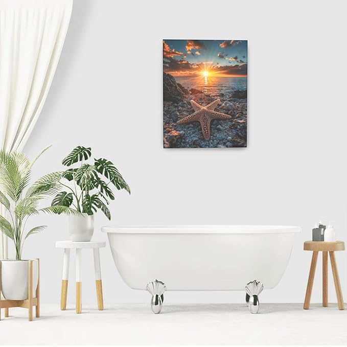 Beach Starfish Wall Decor Ocean Starfish Wall Art Sunset Scenery Coastal Theme Pictures Canvas Nature Seascape Painting Print Framed Artwork Decorations for Home Bathroom Living Room Bedroom Office 16"x20"-PawvioPets