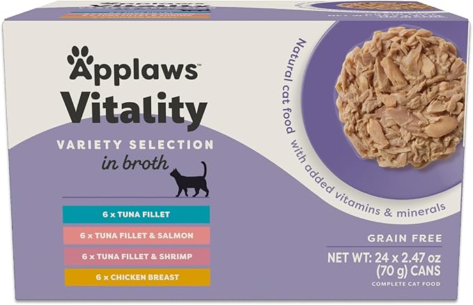 Applaws Vitality Wet Cat Food in Broth, Natural Canned Cat Food, Wet Food for Cats with Added Vitamins and Minerals, Grain Free, Carrageenan Free, Variety Selection in Broth (24 Count, 2.47 oz Cans)-PawvioPets