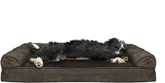 Furhaven Cooling Gel Dog Bed for Large/Medium Dogs w/ Removable Bolsters & Washable Cover, For Dogs Up to 55 lbs - Plush & Suede Sofa - Espresso, Large-PawvioPets