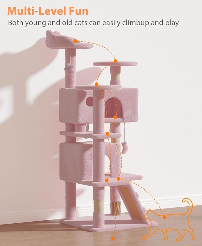 54" Cat tree Tower for Indoor Cats Large Adult,Cute/Tall Modern Cat Tree for Big Cats 20 lbs,Plush Multi-Level Cat Condo with Scratching Posts, Dangling Ball for fun play (Soft Pink, 54 inch)-PawvioPets