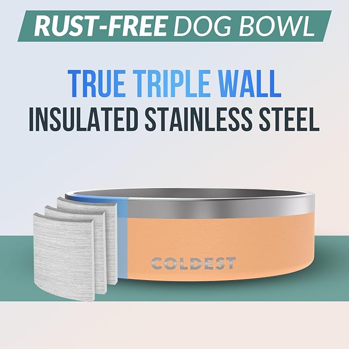 Coldest Dog Bowl - Anti Rust Metal, Non Slip, 3 Layers Insulated Stainless Steel Dog Bowls - Spill Proof & Heavy Duty - Water Bowl for Dogs, Cats & Pets, Dish Washer Safe (42 oz, Sahara Peach)-PawvioPets
