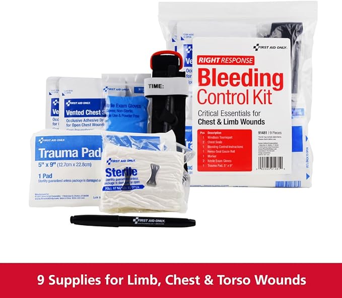 First Aid Only 91481 Critical Essentials Bleeding Control Kit for Chest & Limb Wounds, 9 Pieces-PawvioPets