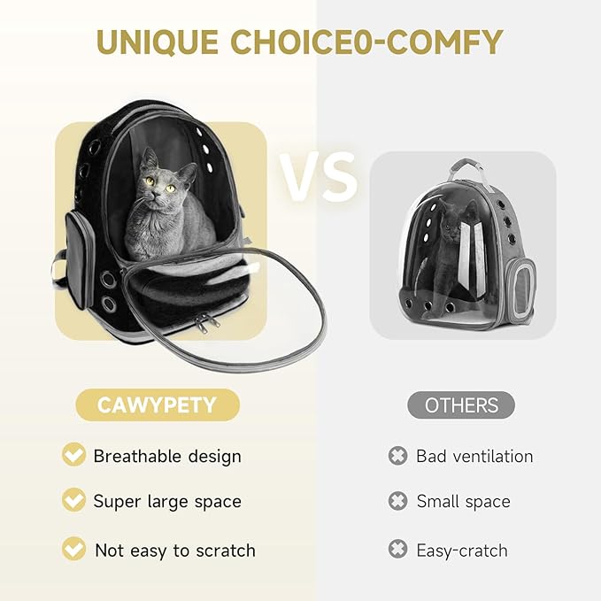 Cat Backpack Carrier, Breathable Cat Carrier Large Space Bubble Pet Backpack for Kitty Small Dog up to 12lbs, Transparent & Foldable Pet Carrier for Travel Hiking (Black-PawvioPets