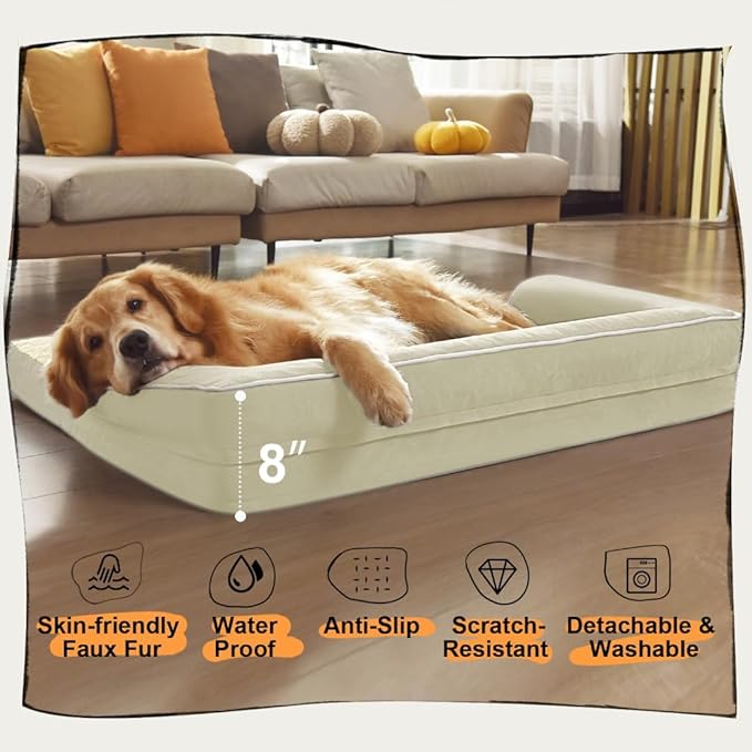 Dog Bed Medium Size Dog-Orthopedic Waterproof Bed for Dogs,Foam Couch Sofa with Washable Removable Cover & Non-Slip Bottom-Beige-PawvioPets