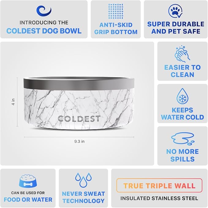 Coldest Dog Bowl - Anti Rust Metal, Non Slip, 3 Layers Insulated Stainless Steel Dog Bowls - Spill Proof & Heavy Duty - Water Bowl for Dogs, Cats & Pets, Dish Washer Safe (100 oz, Carrara Marble)-PawvioPets