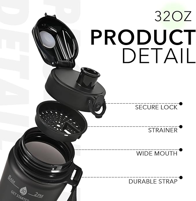 32oz Motivational Water Bottles with Time Marker & Fruit Strainer, Transparent Gradient Color Water Bottle with Times to Drink, Leakproof & BPA Free, Reusable Bottle with Strap (No Straw)-PawvioPets