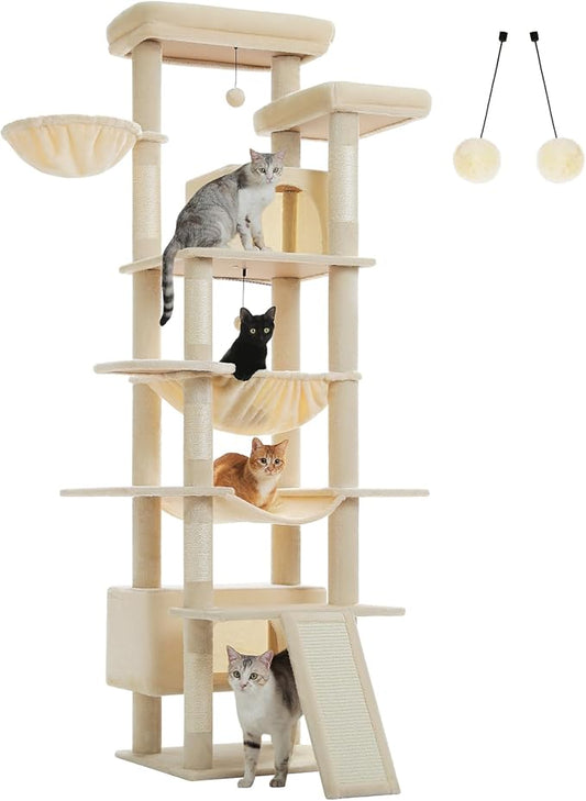 81" Heavy Duty Cat Tree for Large Cats up to 20lbs - Extra Tall Cat Tower with Metal Frame Hammock, 6 Sisal Scratching Posts, 2 Perches - Indoor Cat Furniture for Maine Coon, Big Cats, Beige-PawvioPets