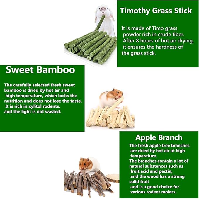 150g 3 Types of Combined Chew Toys Molar Sticks Sweet Bamboo Apple Branch Timothy Grass for Pets Chinchilla Squirrel Gerbil Hamster Squirrel Guinea Pigs-PawvioPets