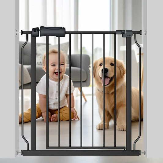 Fairy Baby Walk Through Black Baby Gate 29-34 Inch Wide, Pressure Mounted Safety Gate with Door No Drill, Tension Metal Gate for Dog and Toddler-PawvioPets
