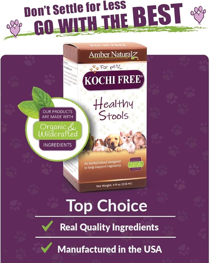 Amber NaturalZ Kochi Free Herbal Supplement for Dogs, Cats, Birds, Rabbits, and Guinea Pigs | Supports Healthy Bowel Function | Natural Aid for Digestive Balance | 4 Fluid Ounce Glass Bottle-PawvioPets