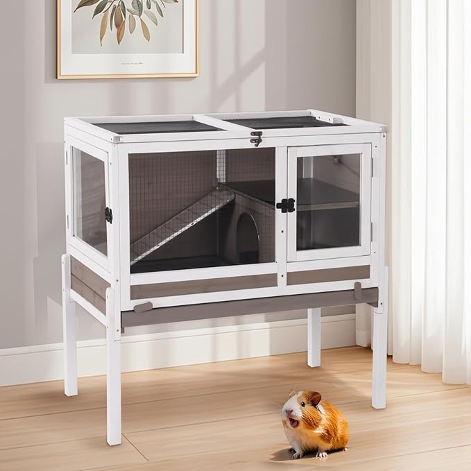 Aivituvin 2-Story Rabbit Hutch with Anti-Chew Ramp & Zinc Sheet - 36.6" Indoor Guinea Pig Cage, Wooden Stand, Pull-Out Tray & Leakproof Floor (Brown)-PawvioPets