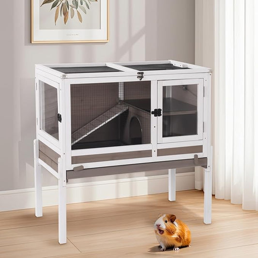 Aivituvin 2-Story Rabbit Hutch with Anti-Chew Ramp & Zinc Sheet - 36.6" Indoor Guinea Pig Cage, Wooden Stand, Pull-Out Tray & Leakproof Floor (Brown)-PawvioPets
