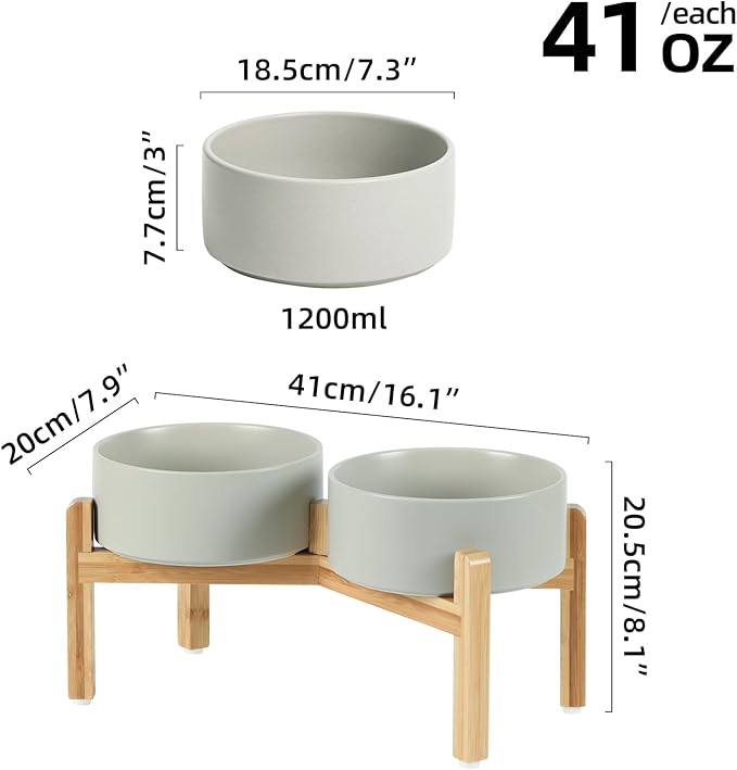 Ceramic Raised Double Bowls Set with Stand, Food & Water Bowls for Medium Breed Dogs, Weighted Dog Dishes, Pet Bowl(7.3'',41OZ, Grey)-PawvioPets